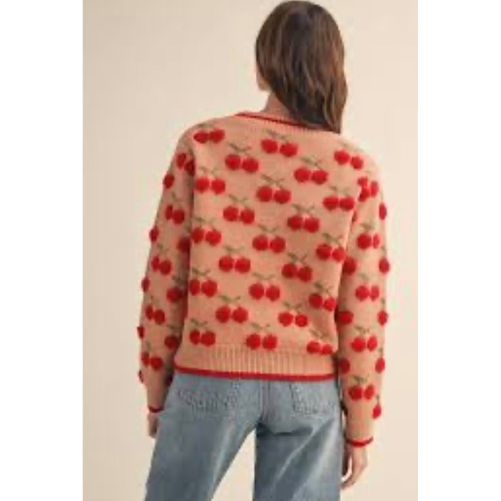 &merci Cherry Print Sweater Womens Small Tan Red Fuzzy Pom Pom Coquette Cottage - Picture 2 of 11